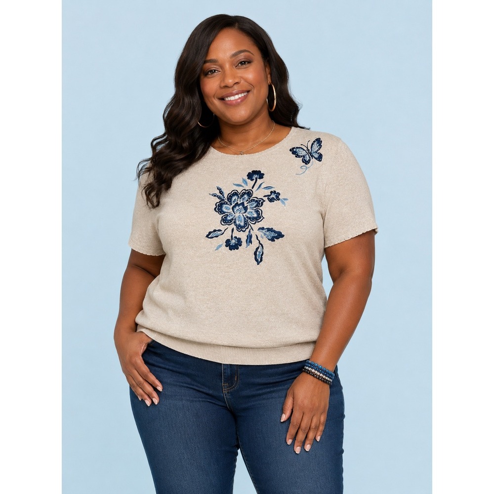Alfred Dunner Plus 1X Beige Floral Butterfly Embroidered Knit Sweater‎ Top